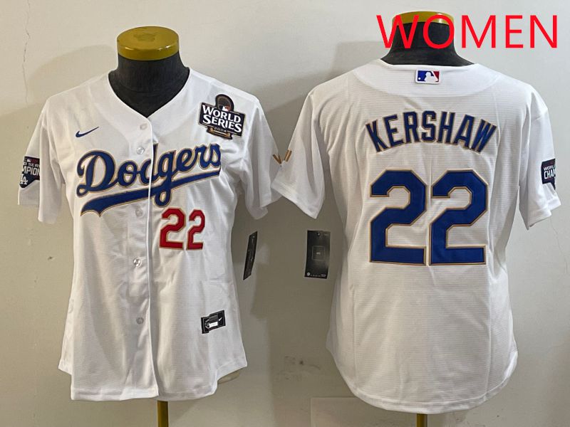 Women Los Angeles Dodgers 22 Kershaw White Gold Game 2025 Nike MLB Jersey style 7
